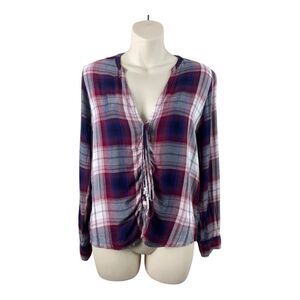 Express Lace Up Flannel Purple White Plaid Shirt Sz Xs Western Cowgirl Country
